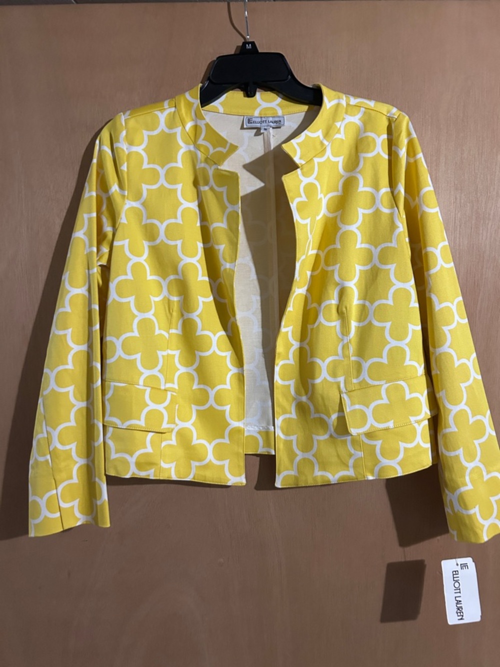 Elliott Lauren Yellow and White Geometric Collarless Jacket